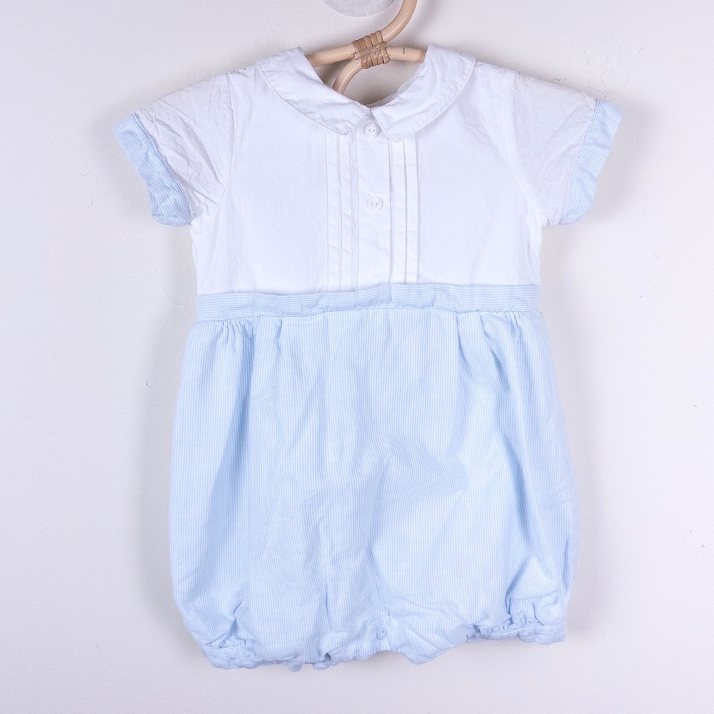 Patachou Romper Baby 6M Blue White Striped Peter Pan Collar Bubble Suit